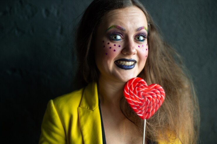 Foto retrato de joven payaso posando con dulce