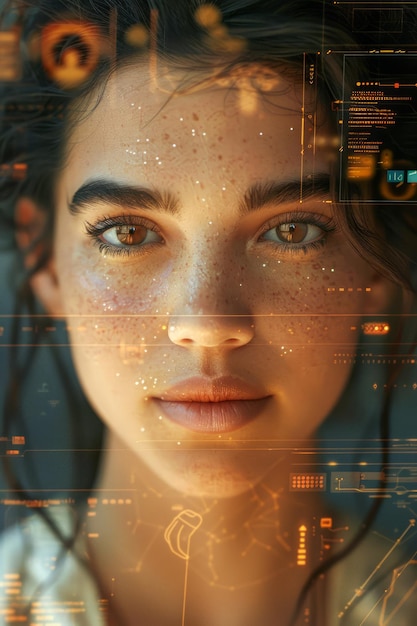 Retrato de una joven con pecas y ojos verdes con interfaz holográfica digital