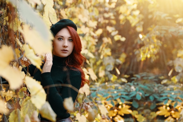 Retrato de joven pelirroja con boina en otoño parque mujer en suéter de punto entre fal ...