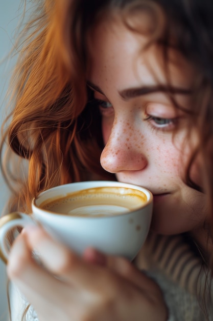 Foto retrato de una joven pelirroja somnolienta con pecas bebiendo café en una habitación luminosa de la mañana