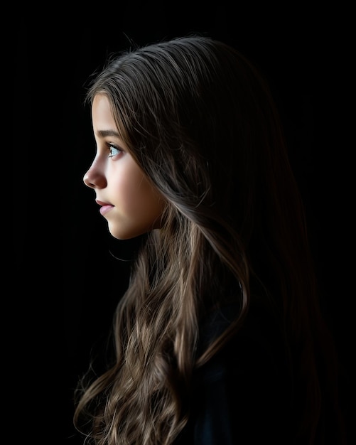 retrato de una joven con el pelo largo y ondulado sobre un fondo negro