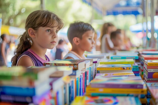 Retrato de una joven pensativa en una feria del libro con niños y pilas de libros en el fondo