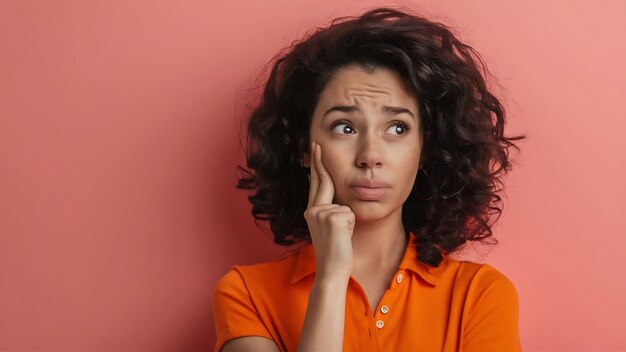 Foto retrato de joven pensativa mujer morena en camisa naranja cabello rizado estilo de verano frustrado f