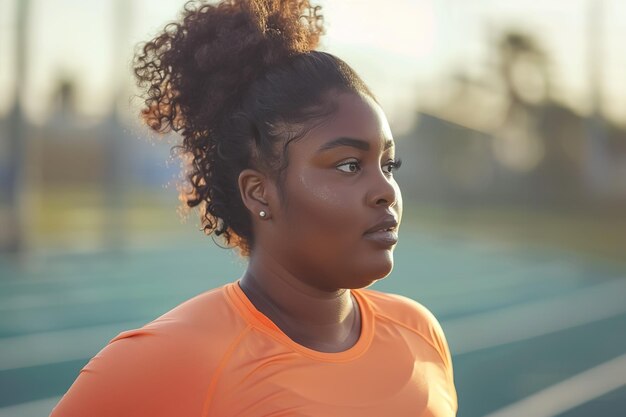 Retrato joven perdiendo peso mujer africana encantadora ropa deportiva naranja fondo borroso del estadio
