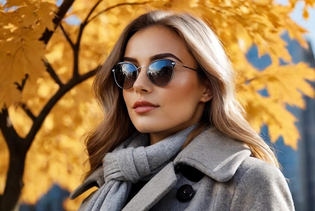 Retrato de una joven perfecta con abrigo gris y gafas de sol posando en un parque de otoño mirando hacia arriba