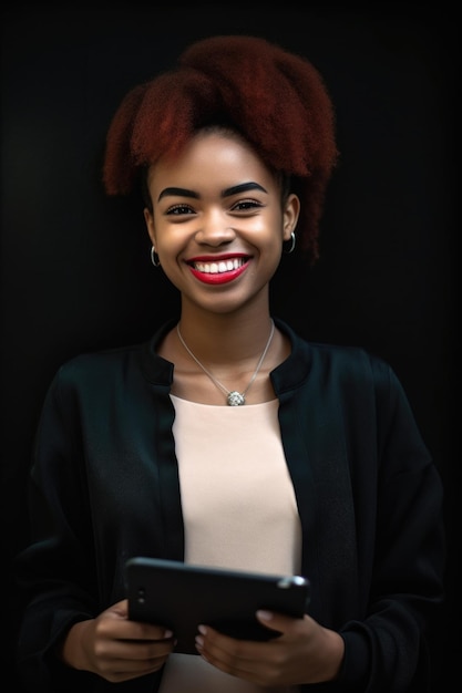 retrato de un joven periodista sonriente sosteniendo una tableta digital creada con ai generativa