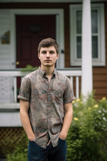 Un retrato de un joven de pie frente a la casa en la que vive creado con IA generativa