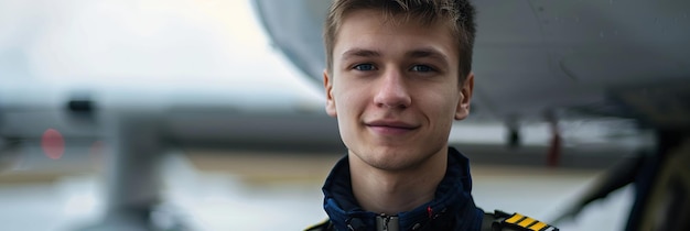 Retrato de un joven piloto caucásico de pie frente a un avión en el aeropuerto