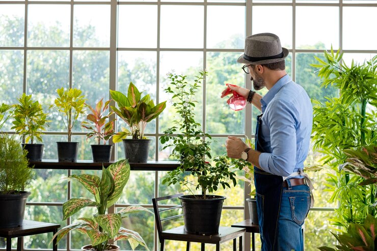 Foto retrato de un joven con una planta en olla