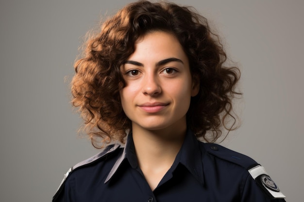 Retrato de una joven policía con el cabello castaño rizado en uniforme sonriendo a la cámara