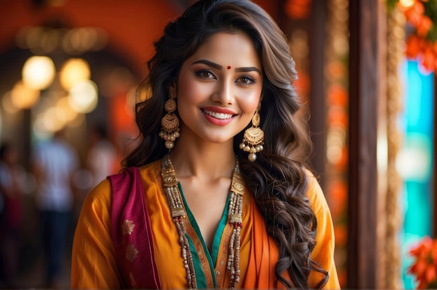 retrato de una joven princesa india elegante y sonriente con cabello marrón y adornos