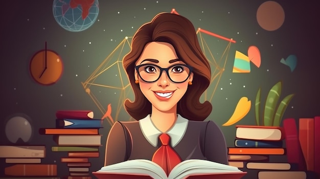 Retrato de una joven profesora con gafas leyendo un libro ilustración vectorial