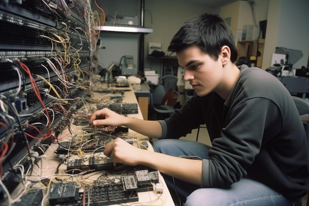 Retrato de un joven que trabaja en un conjunto eléctrico creado con IA generativa