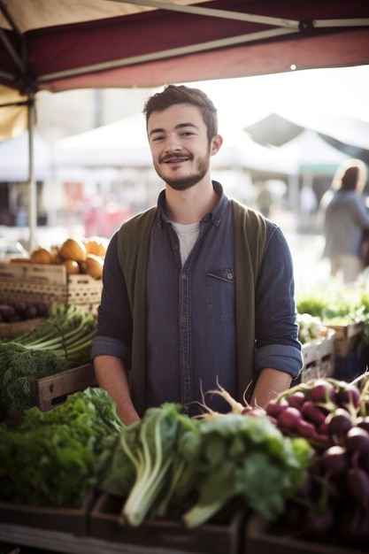 Foto retrato de un joven que trabaja en un mercado de agricultores creado con inteligencia artificial generativa