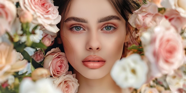 El retrato de una joven de radiante belleza rodeada de una multitud de dulces rosas