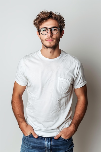 Retrato de un joven con ropa casual con la mano en el bolsillo sobre un fondo blanco