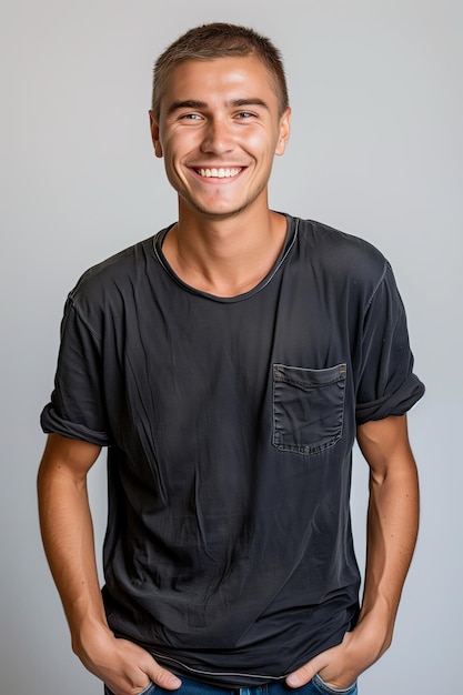 Foto retrato de un joven con ropa casual con la mano en el bolsillo sobre un fondo blanco