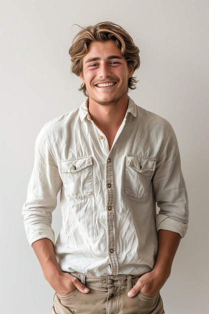 Foto retrato de un joven con ropa casual con la mano en el bolsillo sobre un fondo blanco