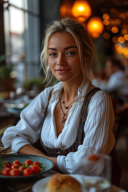 Retrato de una joven rubia almorzando en un restaurante