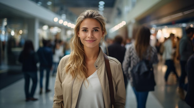 Retrato de una joven rubia con una camisa blanca y una chaqueta marrón parada en un concurrido centro comercial