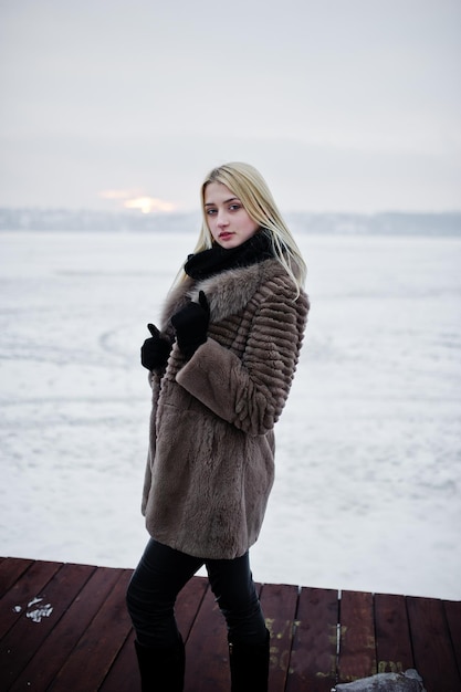 Retrato de una joven rubia elegante con un abrigo de piel en el fondo del muelle río brumoso en el hielo invernal