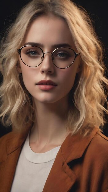 Retrato de una joven rubia hermosa con gafas de moda y ropa casual y posando sobre