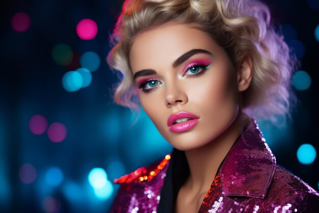 Retrato de una joven rubia hermosa mujer con traje rosa brillante y maquillaje de noche en la fiesta