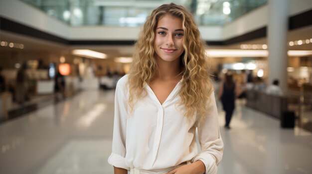 Retrato de una joven rubia con ojos azules en una camisa blanca