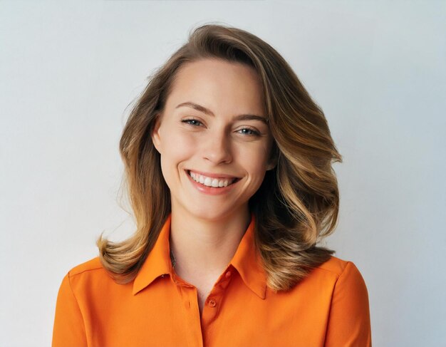 Retrato de una joven rubia riendo con una camisa naranja sobre un fondo blanco gris