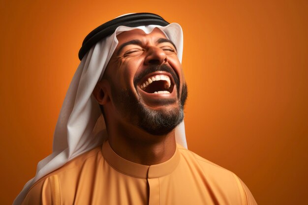 Foto retrato de un joven saudí feliz sonriendo abriendo la boca de alegría