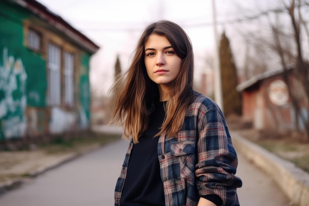 Retrato de una joven segura de sí misma parada al aire libre con su patineta creada con IA generativa