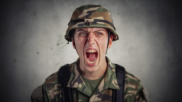 Foto retrato de un joven soldado gritando en camuflaje en una pared oscura