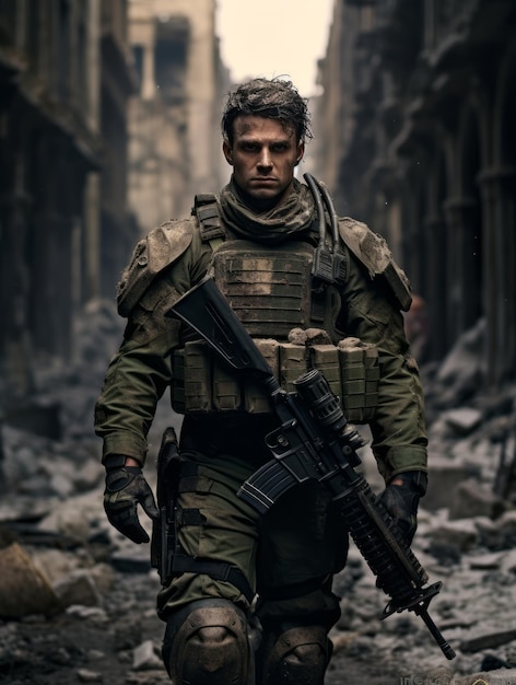 Retrato de un joven soldado con un rifle de asalto en un edificio abandonado