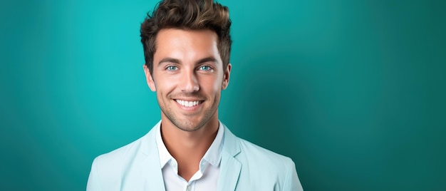 Retrato de un joven sonriendo a la cámara mostrando su piel radiante y juvenil en azul