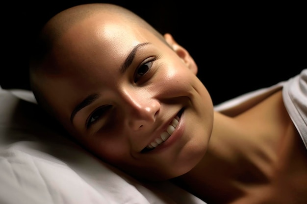 Retrato de una joven sonriente y alegre sin pelo después de luchar contra la oncología Mujer joven calva enferma feliz con cáncer que se siente positiva optimista con la recuperación y la remisión generada por la IA