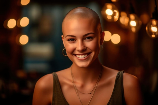 Retrato de una joven sonriente y alegre sin pelo después de luchar con la oncología Feliz joven calva enferma con cáncer sintiéndose optimista con la recuperación y la remisión generada AI