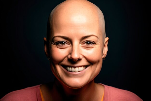 Retrato de una joven sonriente y alegre sin pelo después de luchar con la oncología Feliz joven calva enferma con cáncer sintiéndose optimista con la recuperación y la remisión generada AI