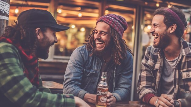 Foto retrato de un joven sonriente con amigos de pie en la ciudad