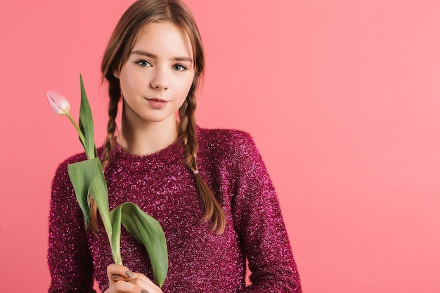 Retrato de una joven sonriente y atractiva con dos trenzas en un suéter sosteniendo un tulipán en la mano mientras mira soñadoramente a la cámara sobre un fondo rosa