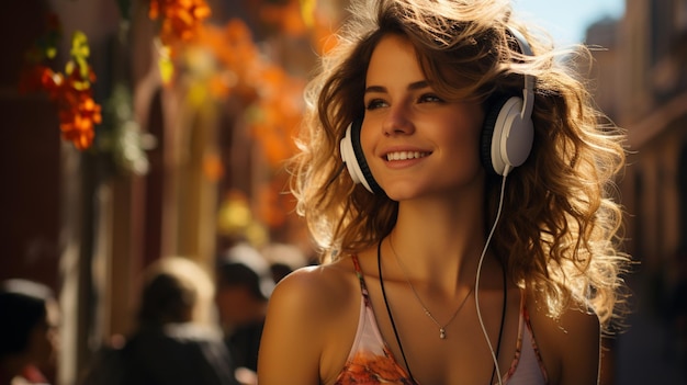 retrato de una joven sonriente con auriculares en un café