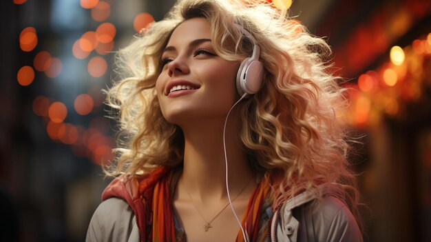 retrato de una joven sonriente con auriculares en un café