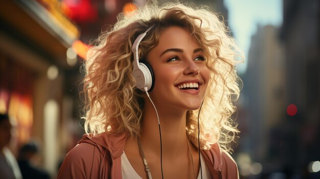 retrato de una joven sonriente con auriculares en un café
