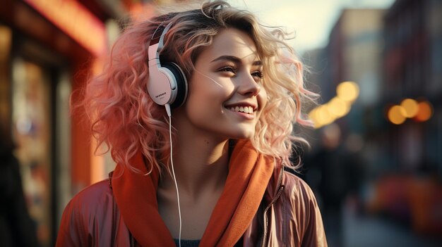 retrato de una joven sonriente con auriculares en un café