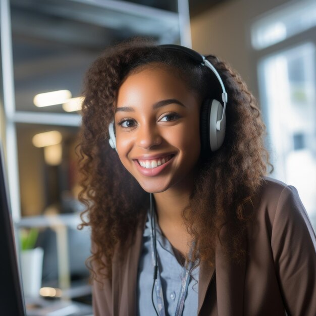 Retrato de una joven sonriente con auriculares