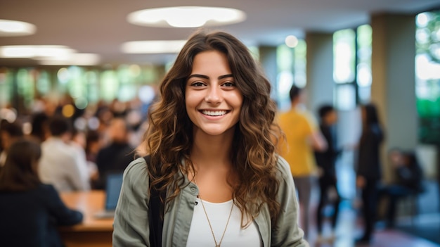 Retrato de una joven sonriente en una biblioteca