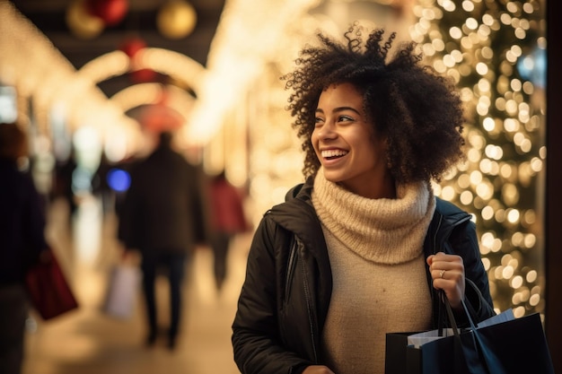 Retrato de una joven sonriente con bolsas de compras en la ciudad