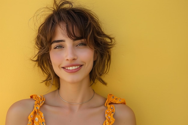 Foto retrato de una joven sonriente con el cabello largo en una camisa