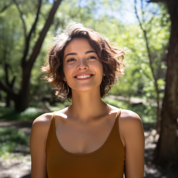 Retrato de una joven sonriente con una camiseta marrón de pie en un bosque