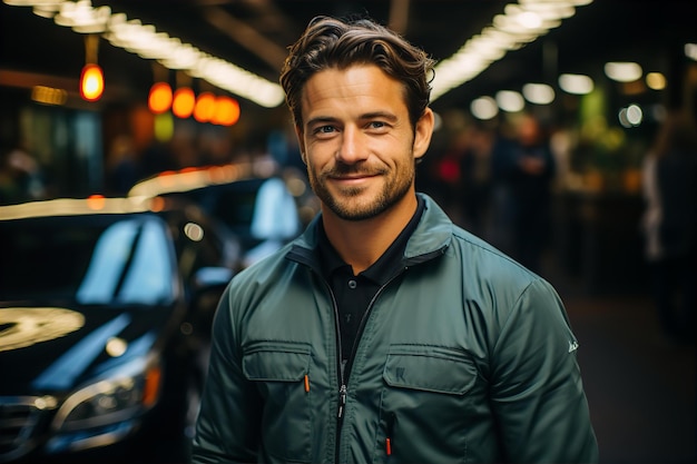 Retrato de un joven sonriente cerca del coche en el estacionamiento