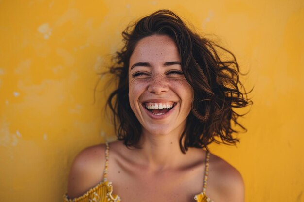 Retrato de una joven sonriente contra una pared amarilla